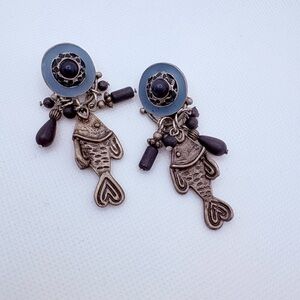 Vintage Detailed Fish Dangle Earrings Blue Enamel Antiqued Silver Tone 2.5”